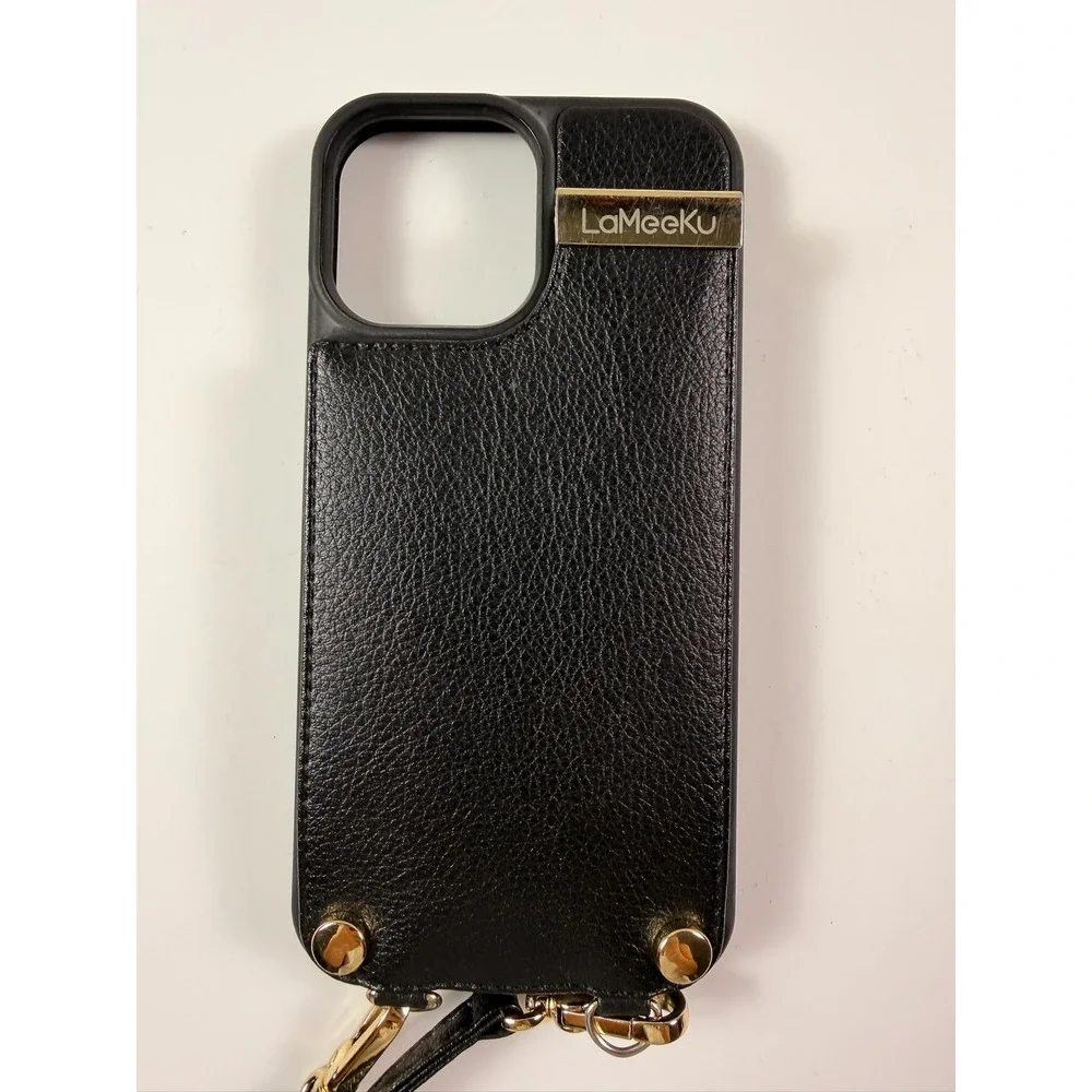 iPhone 13 Pro Max Crossbody Wallet Case Black Pebbled Leather Card Holder - Picture 2 of 6